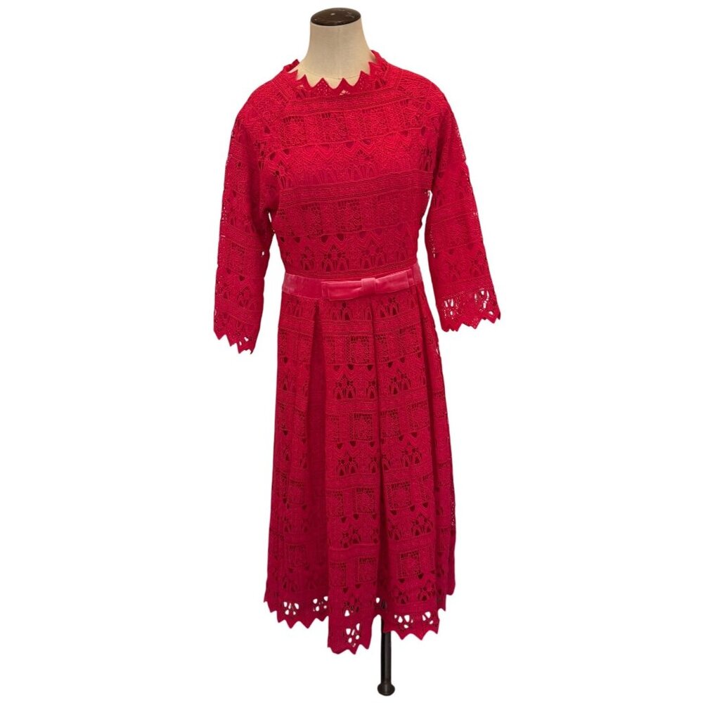 Lace Midi Dress With Velvet Bow Belt By Dainty Jewells - Womens M - Bright Pink